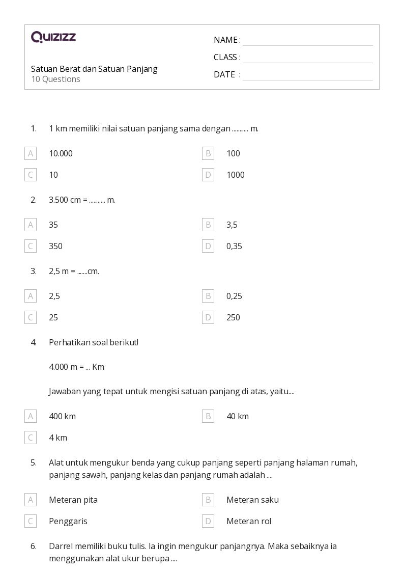 50 lembar kerja Satuan Panjang dan Metrik untuk Kelas 3 di Quizizz 50 lembar kerja Satuan Panjang dan Metrik untuk Kelas 3 di Quizizz