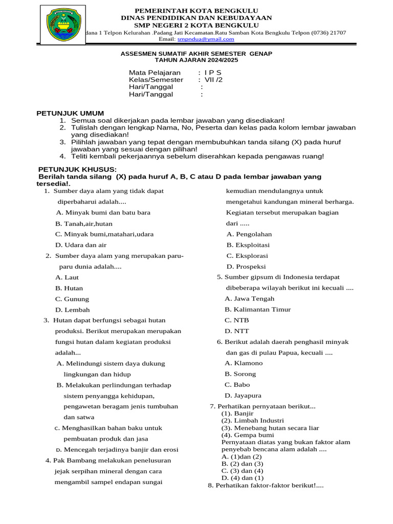 Soal IPS Kelas 7 Semester 2 PDF Soal IPS Kelas 7 Semester 2 PDF