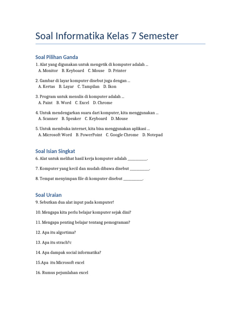 Soal Informatika Kelas 7 Semester 2 PDF Soal Informatika Kelas 7 Semester 2 PDF