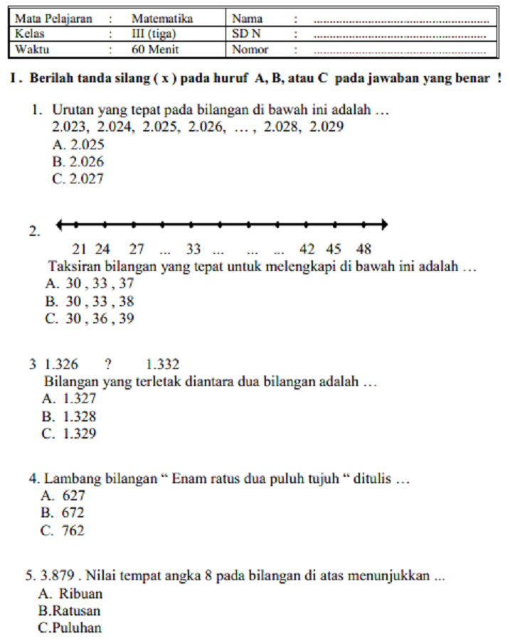 SOAL DAN JAWABAN LATIHAN UAS MATEMATIKA KELAS 3 SD SEMESTER 1 SERBA