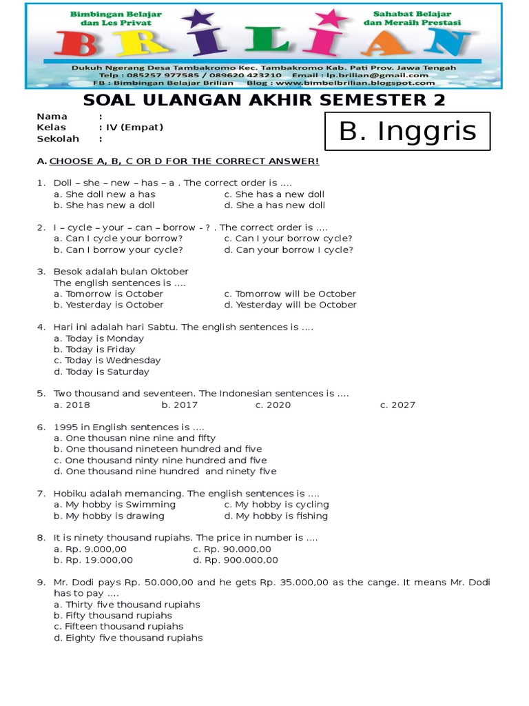 Soal Bahasa Inggris Kelas 4 Sd Semester 1 Dalchaebi