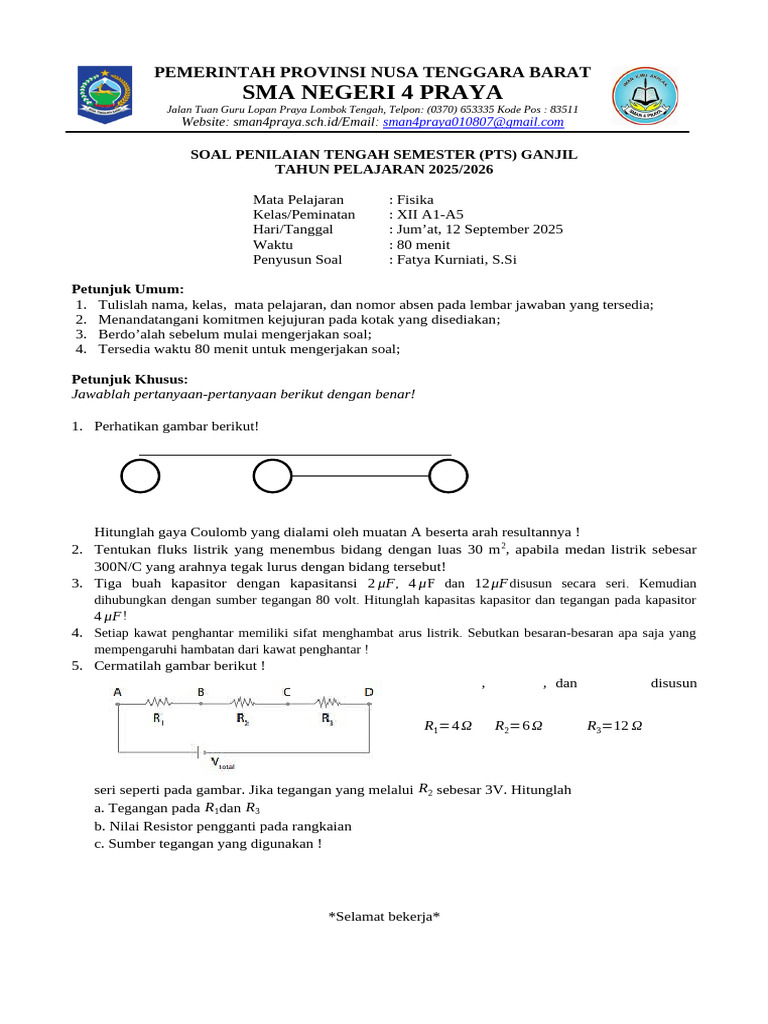 Soal PTS Fisika Kelas XII SMA 2025 PDF Soal PTS Fisika Kelas XII SMA 2025 PDF