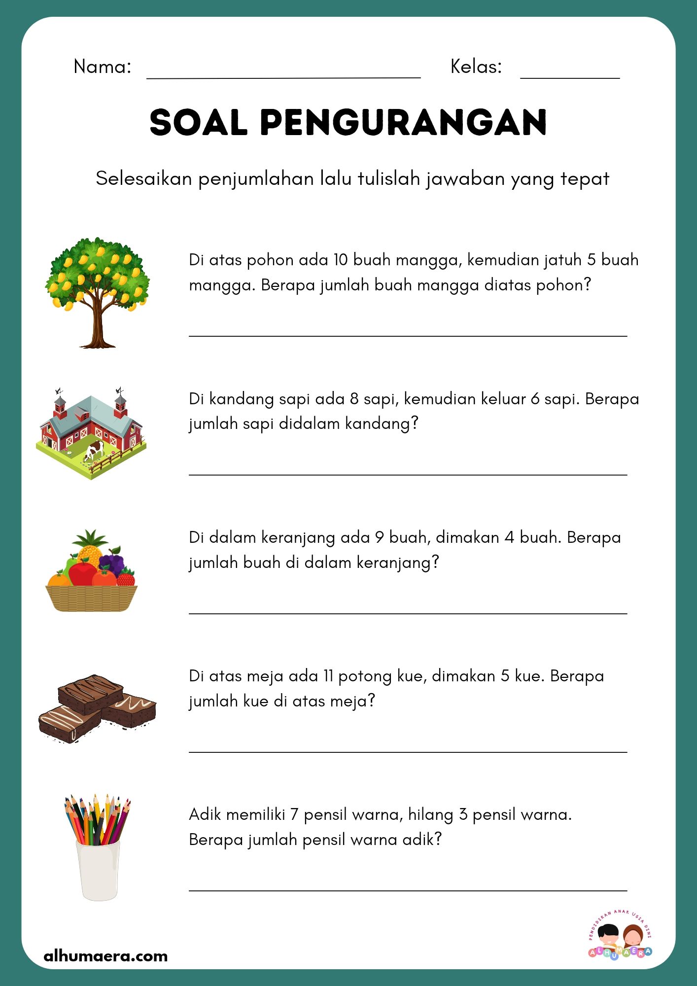 Lembar Kerja Pengurangan Soal pengurangan kelas 1 sd Soal cerita