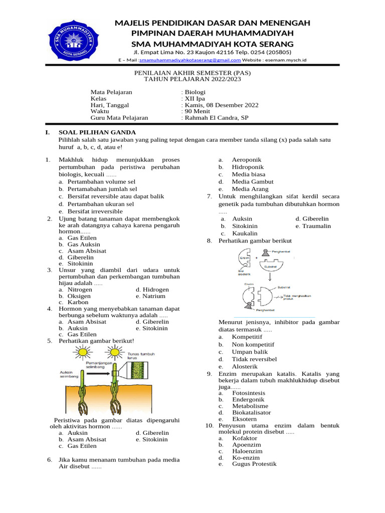 Soal PAS BIOLOGI KELAS XII SEMESTER GANJIL PDF