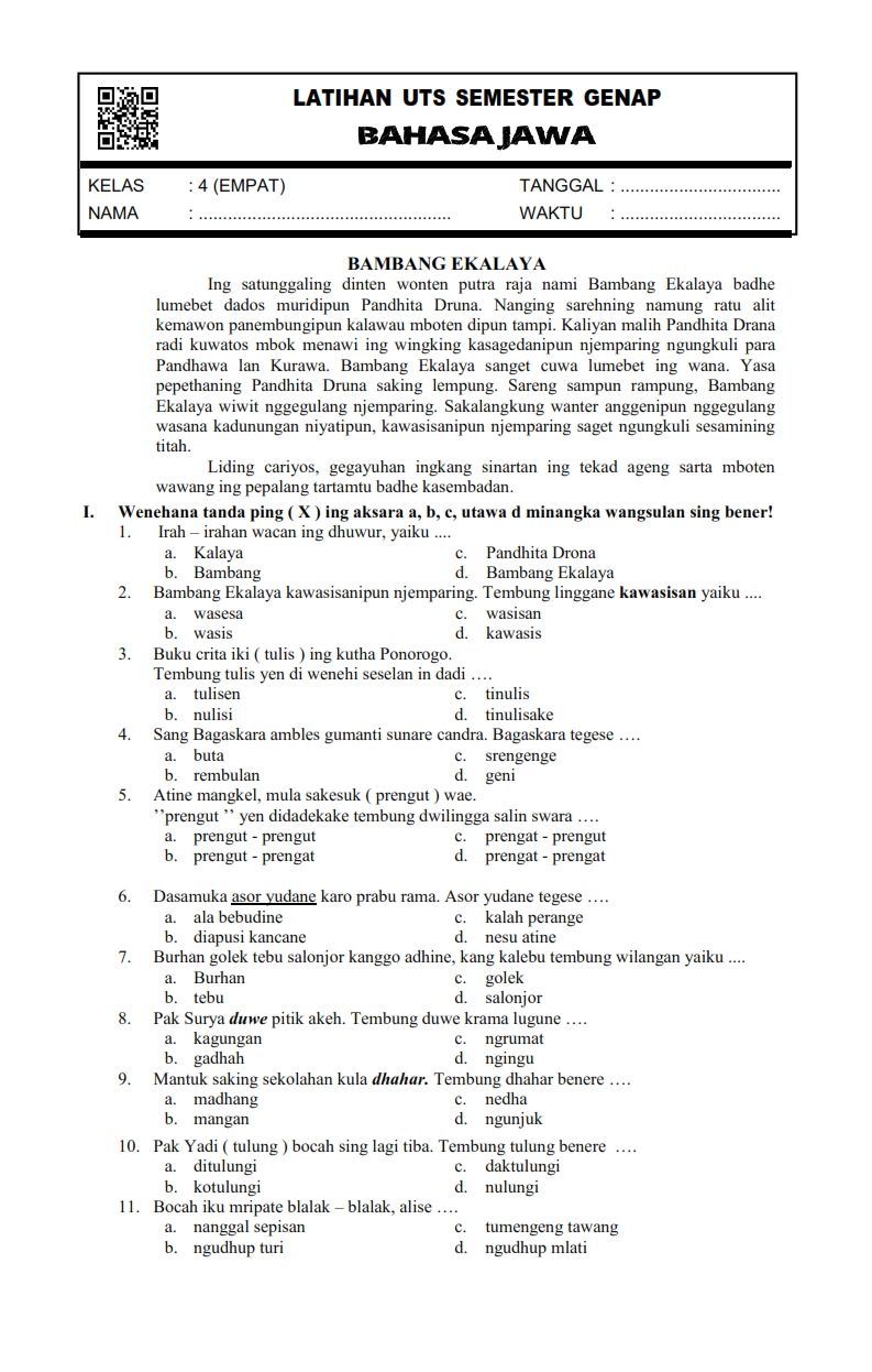 Contoh Soal Bahasa Jawa Kelas 11 Semester 1 Bahasa jawa exam