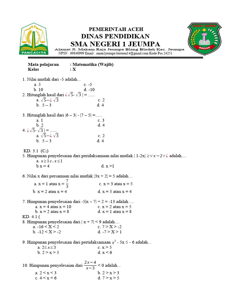 Soal Matematika Kelas X SMA Jeumpa PDF Metode Bahan Ajar