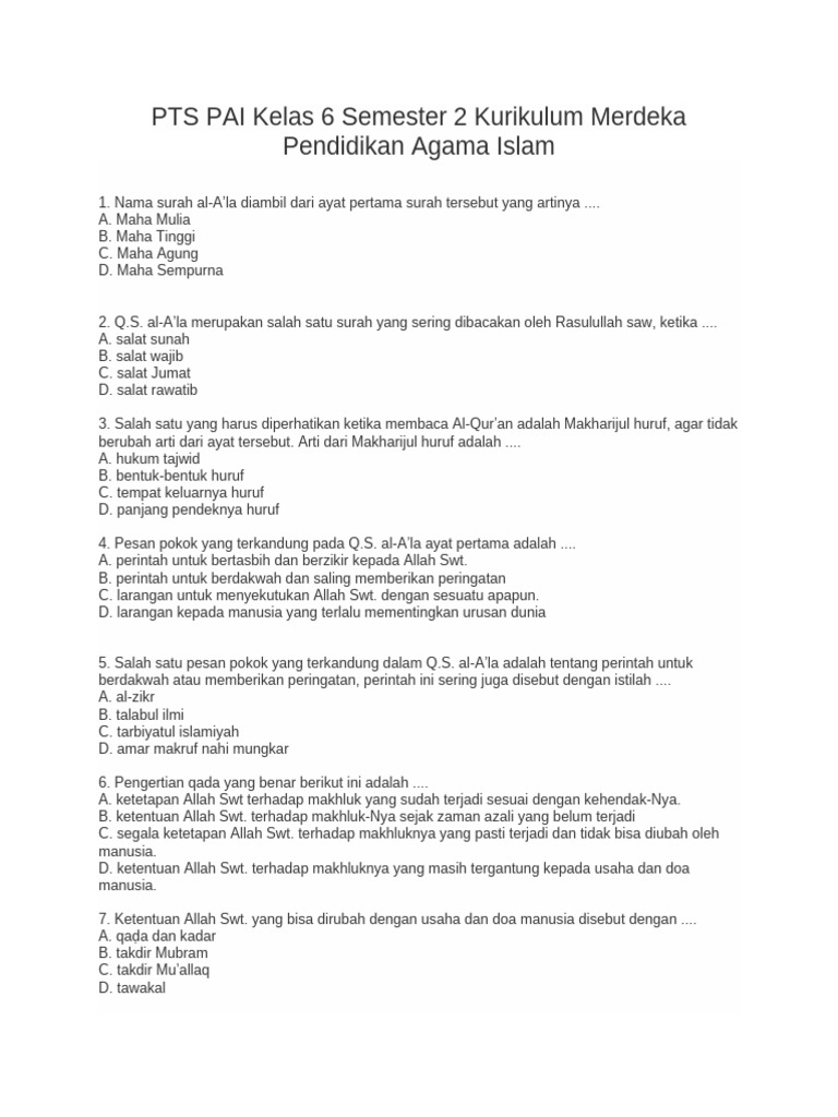 Soal PTS PAI Kelas 6 Semester 2 PDF Soal PTS PAI Kelas 6 Semester 2 PDF