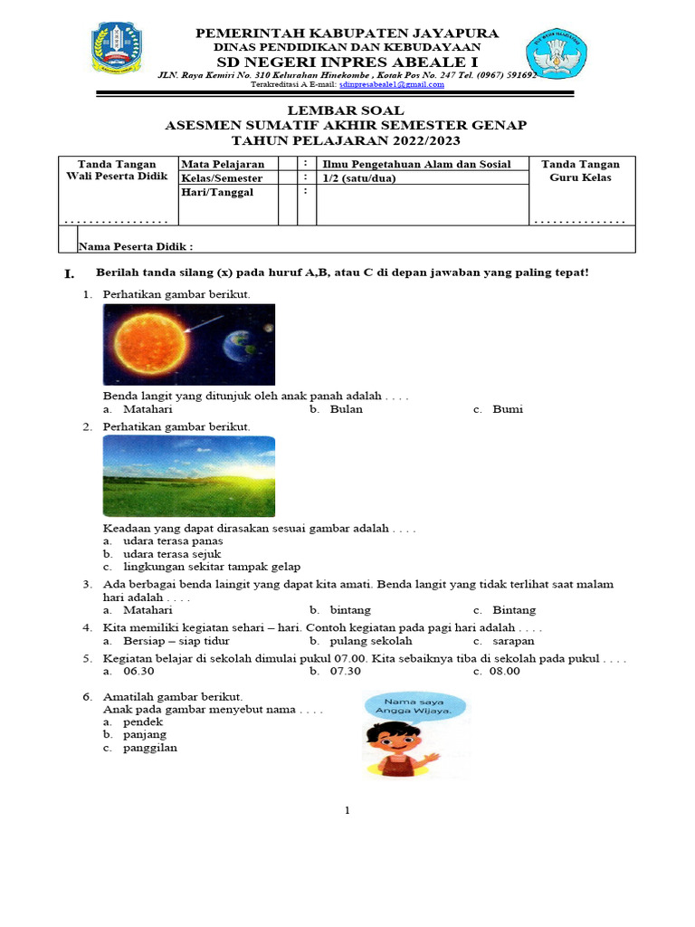 Soal Sains dan Bahasa Kelas 1 SD PDF Soal Sains dan Bahasa Kelas 1 SD PDF