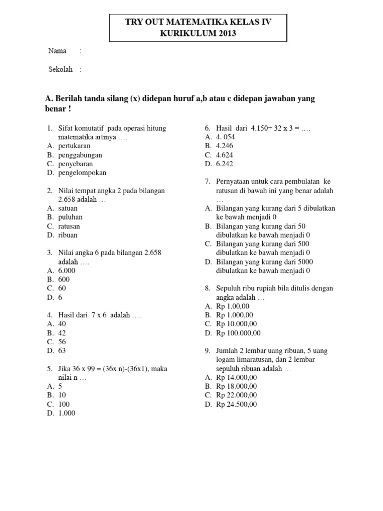 Sering Keluar! Kumpulan Soal Matematika Kelas 4 SD Kurikulum 2013 dan Kunci Jawaban