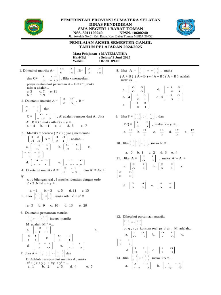 Penilaian Akhir Matematika SMA 2024 2025 PDF Penilaian Akhir Matematika SMA 2024 2025 PDF