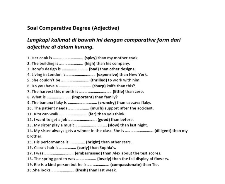 Wajib Tahu 15 Contoh Soal Comparative Degree untuk SMA Kelas 1 dengan Kunci Jawaban Wajib Tahu 15 Contoh Soal Comparative Degree untuk SMA Kelas 1 dengan Kunci Jawaban