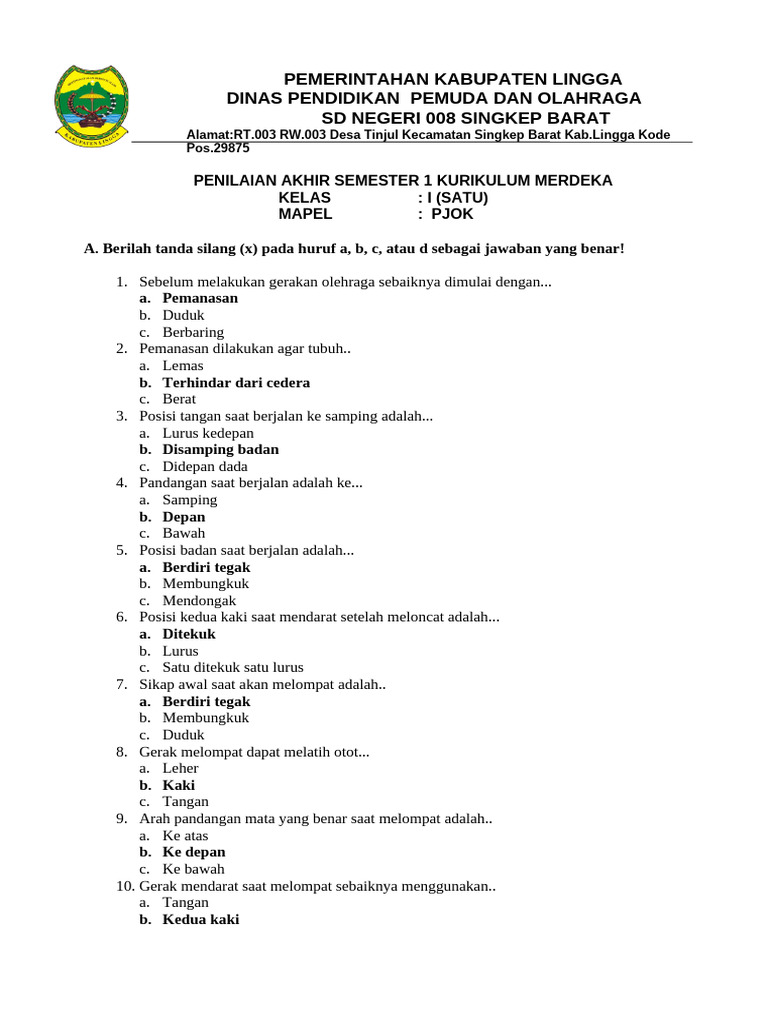 Terbukti! 7 Contoh Soal PJOK Kelas 1 Semester 1 yang Bikin Anak Sukses di Sekolah