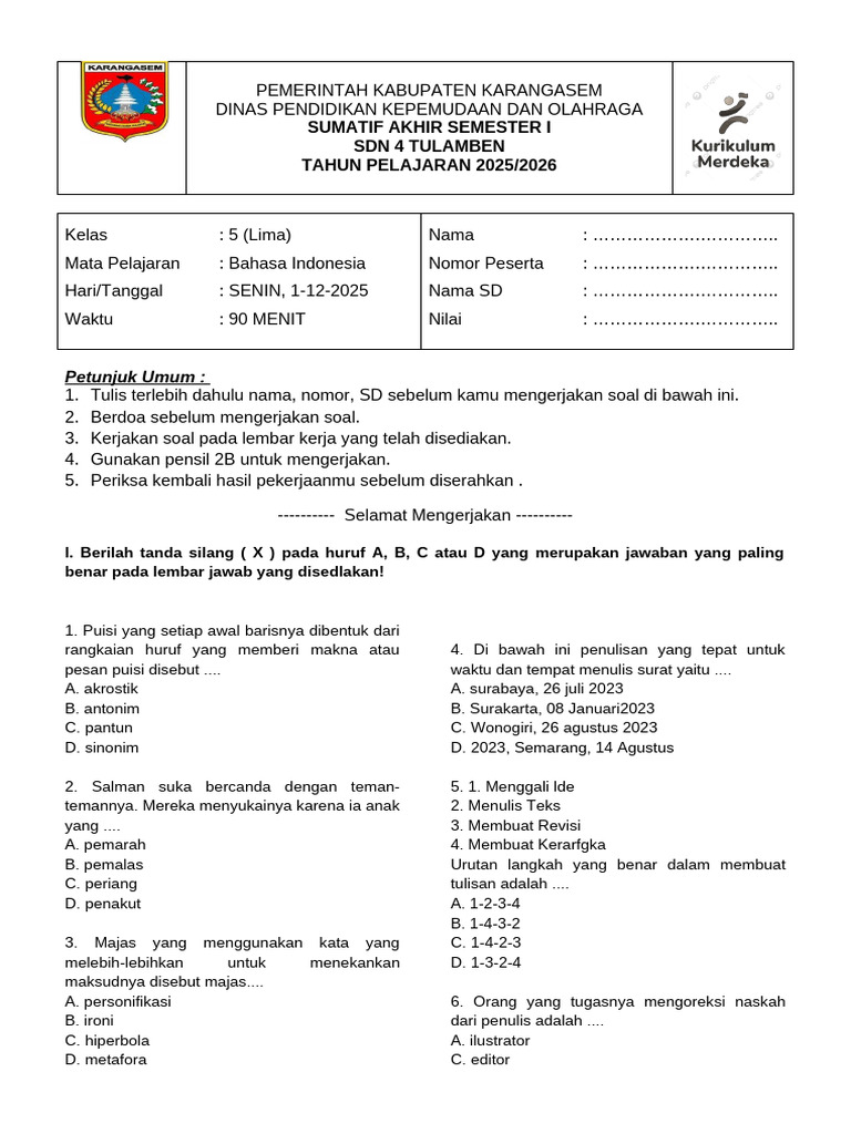 soal bahasa indonesia kelas 5 semester 1 kurikulum 2013